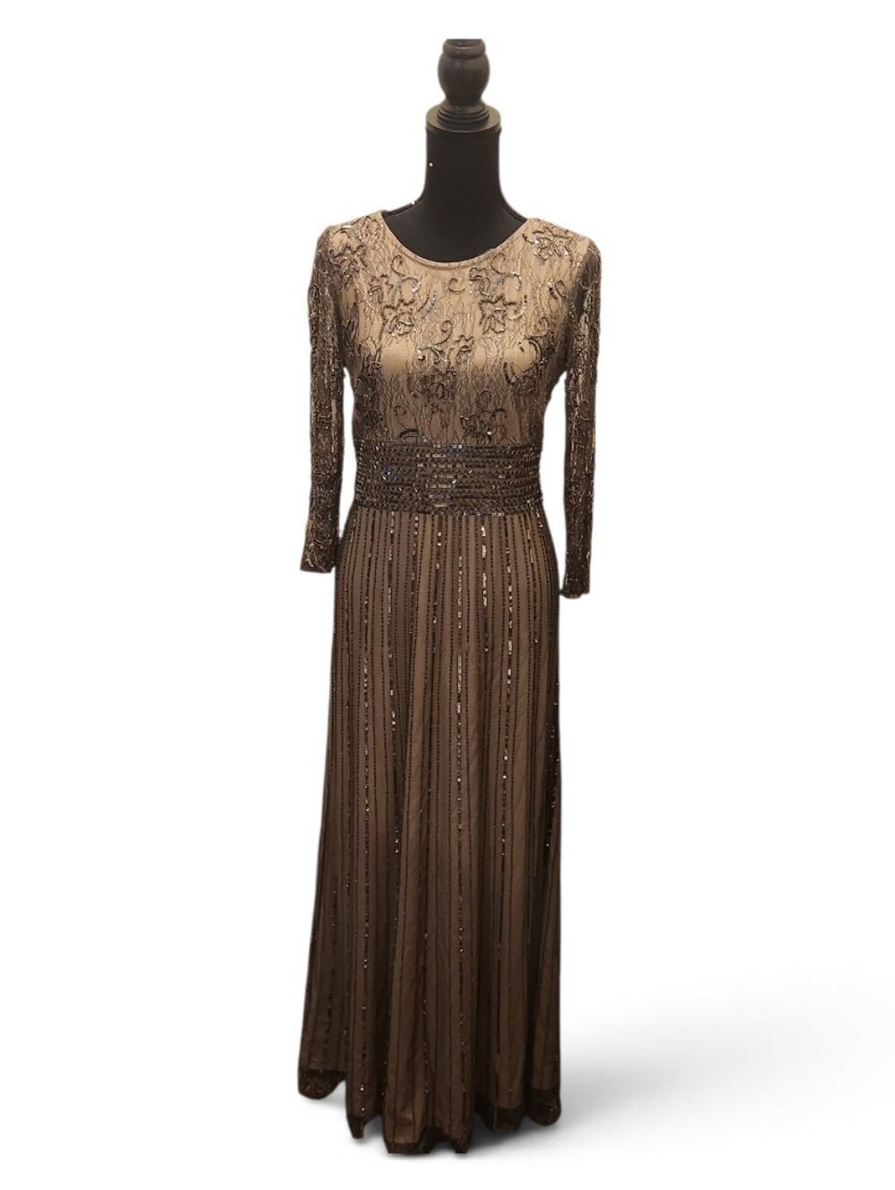 Adrianna Papell Taupe Beaded Long Sleeve Lace Evening Gown